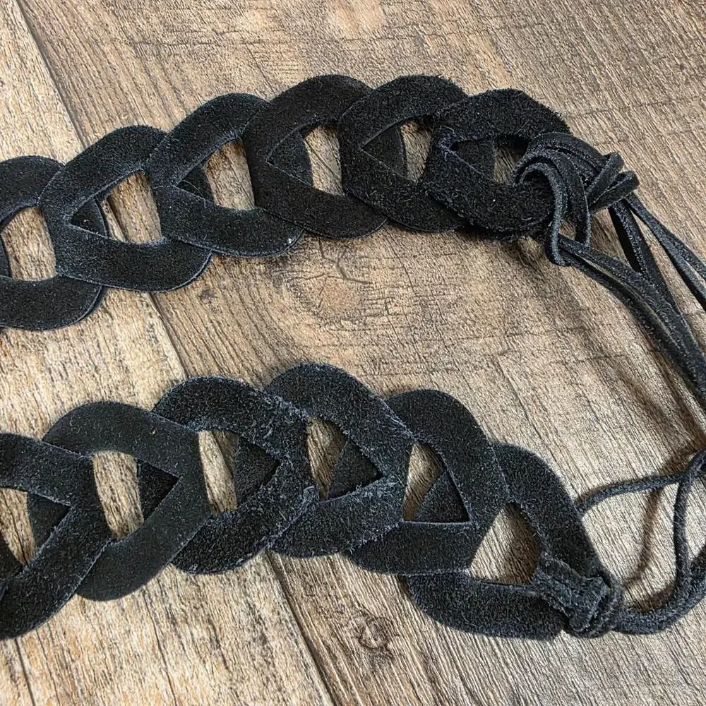 Vintage Braided Belt Waist Boho Western Fringe Festival Waist Belt Black Suede